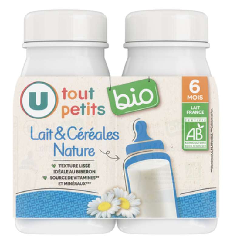 Lait et céréales BIO - dès 6 mois, U Tout Petits (2 x 250 ml)