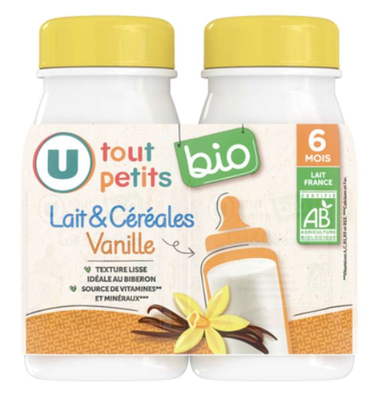 Lait et céréales vanille BIO - dès 6 mois, U Tout Petits  (2 x 250 ml)