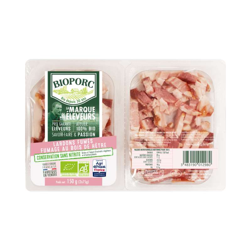 Lardons fumés sans nitrites BIO, Bioporc (2 x 75 g) La belle vie