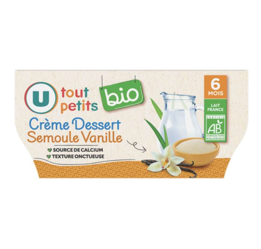 Les p'tits desserts gourmands semoule vanille - dès 6 mois BIO, U Tout Petits (4 x 100 g)