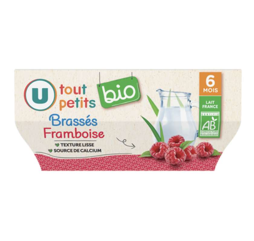 Les p'tits lactés brassés saveur framboise - dès 6 mois BIO, U Tout Petits (4 x 100 g)
