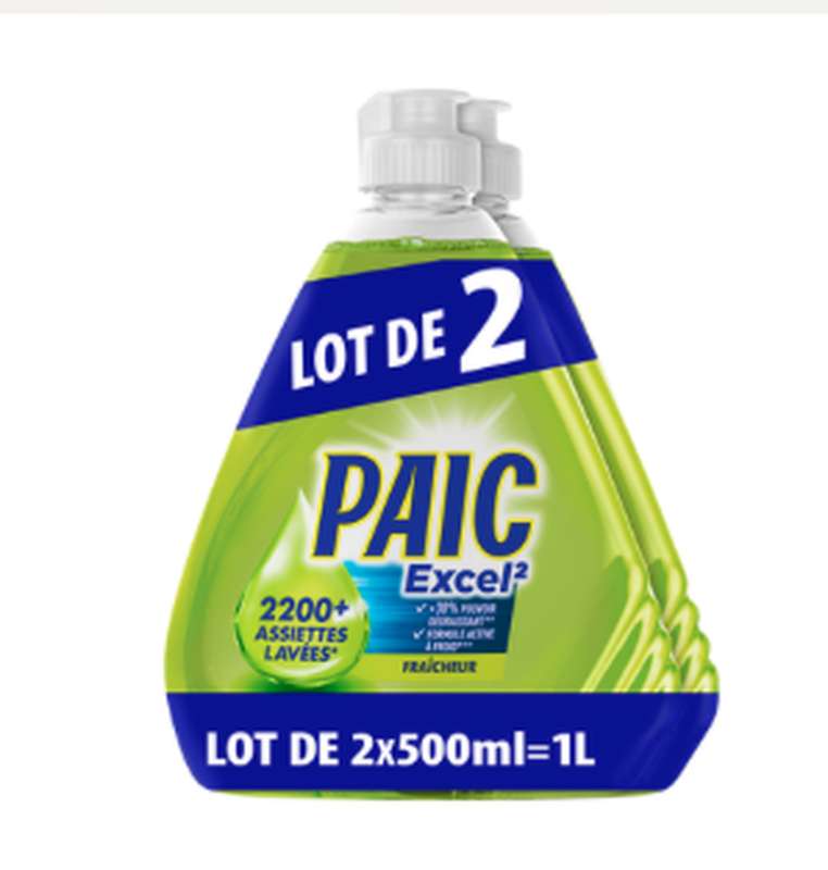 Liquide vaisselle excel anti odeur, Paic (2 x 500 ml)