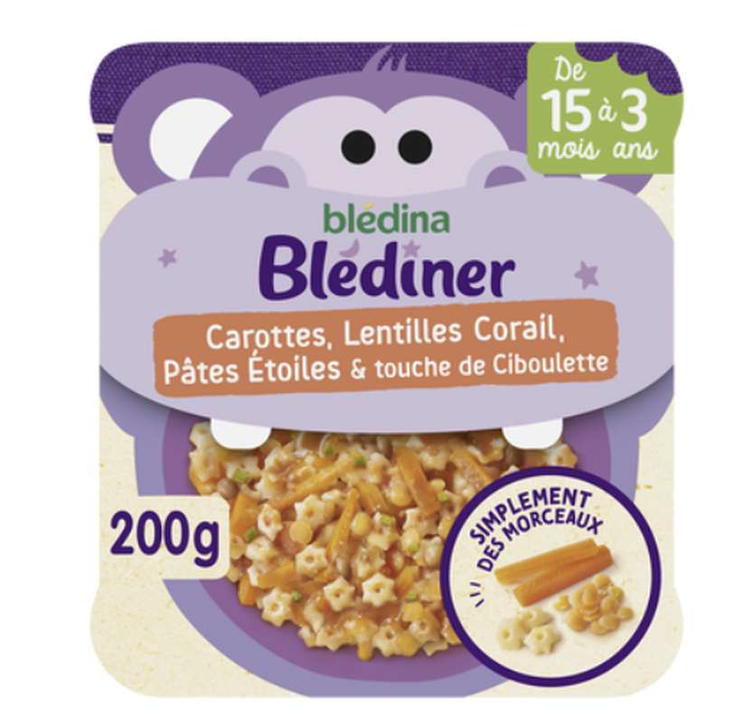 Lot de 2 Blédiner carottes, lentilles corail, pâtes étoiles & touche de ciboulette - dès 15 mois, Blédina (2 x 200 g)