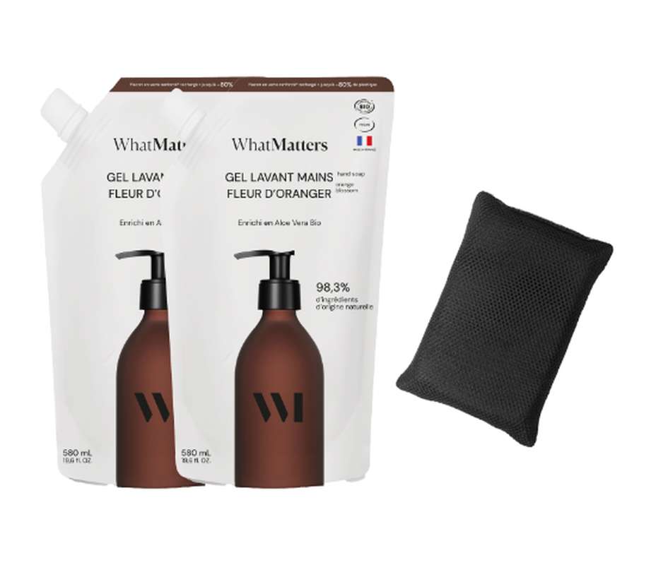 Lot de 2 Eco Recharge Gel mains Fleur d'oranger, What Matters (500 ml x 2) + 1 EPONGE LABABLE OFFERTE