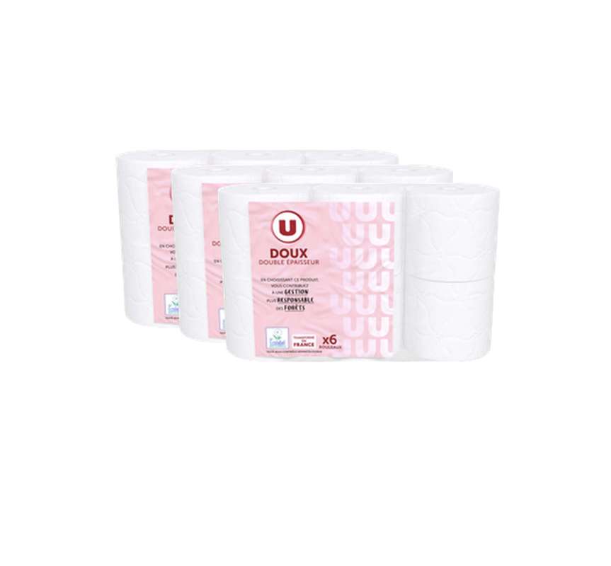 Lot de 3 Papier toilette doux blanc double épaisseur, U (x 6 rouleaux)