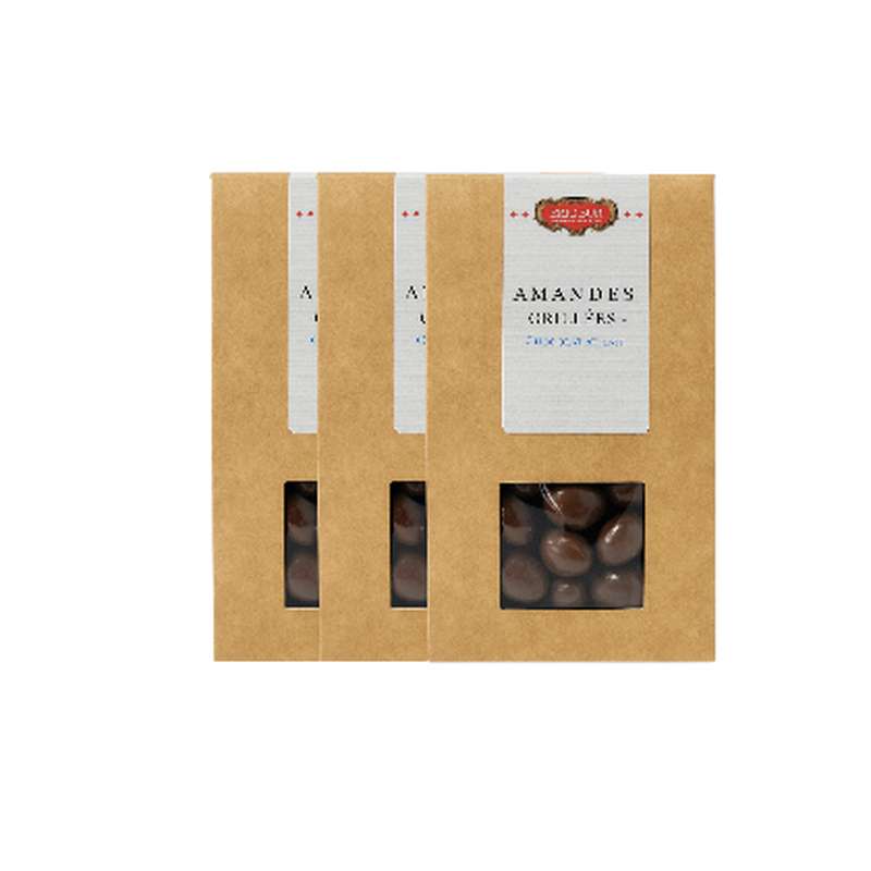 Lot de 3 x  Amandes grillées, enrobées de chocolat au lait et vernies, Eric Bur (100 g)