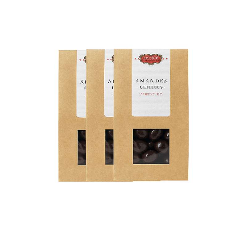 Lot de 3 x Amandes grillées, enrobées de chocolat noir et vernies, Eric Bur (100 g)