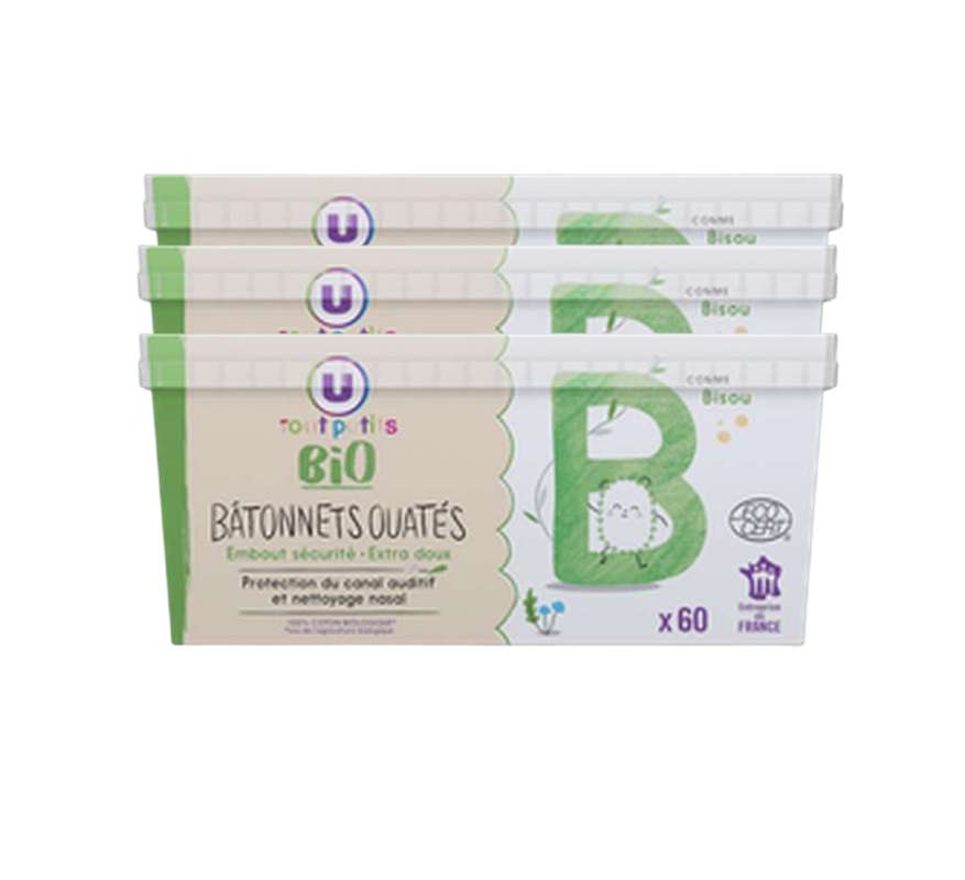 Lot de 3 x Bâtonnets ouatés bébés, U Tout Petits Bio (x 60)