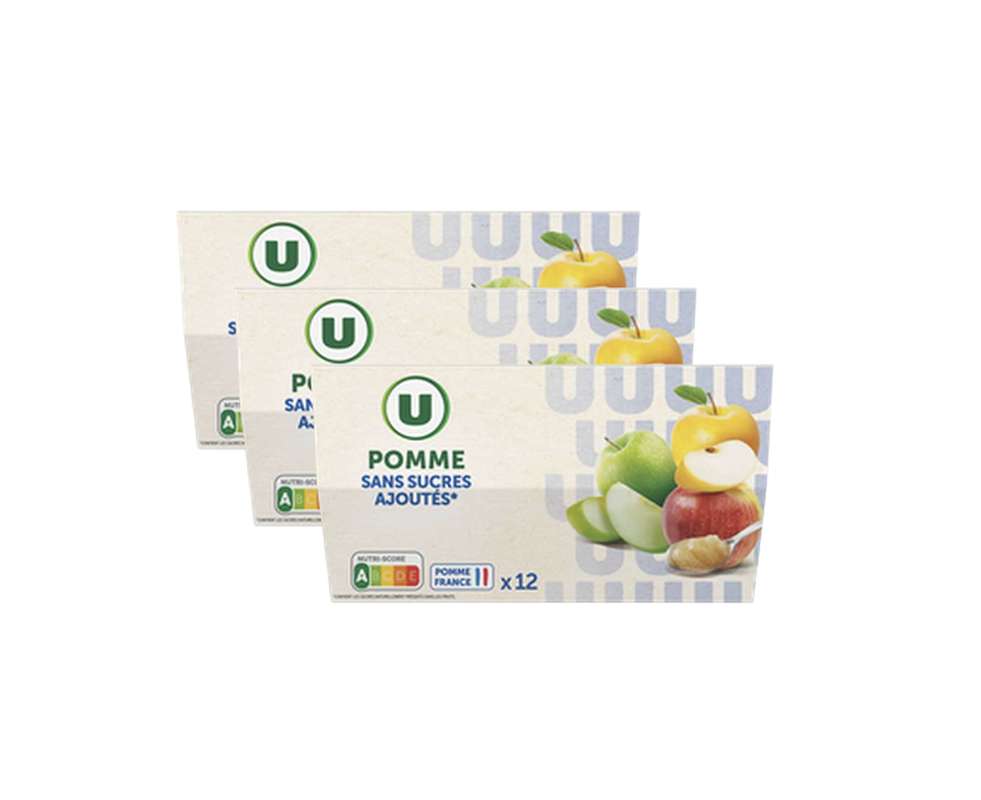 Lot de 3 x Compote pomme nature sans sucres ajoutés, U (x 12, 1.2 Kg)