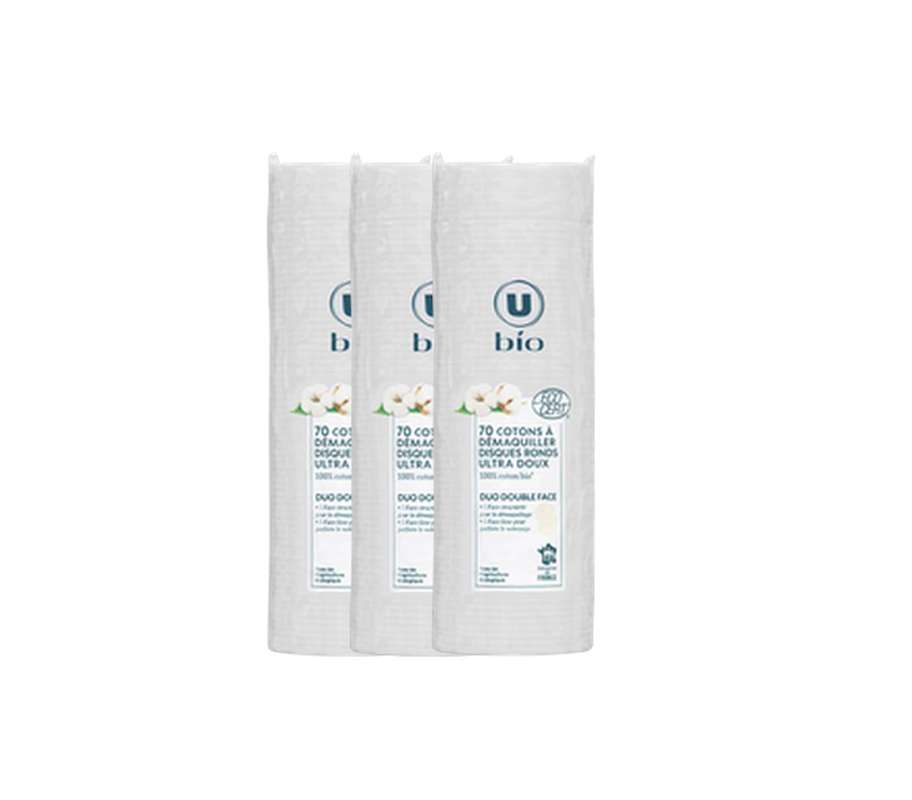 Lot de 3 x Disques cotons à démaquiller ronds BIO, U (x 70)