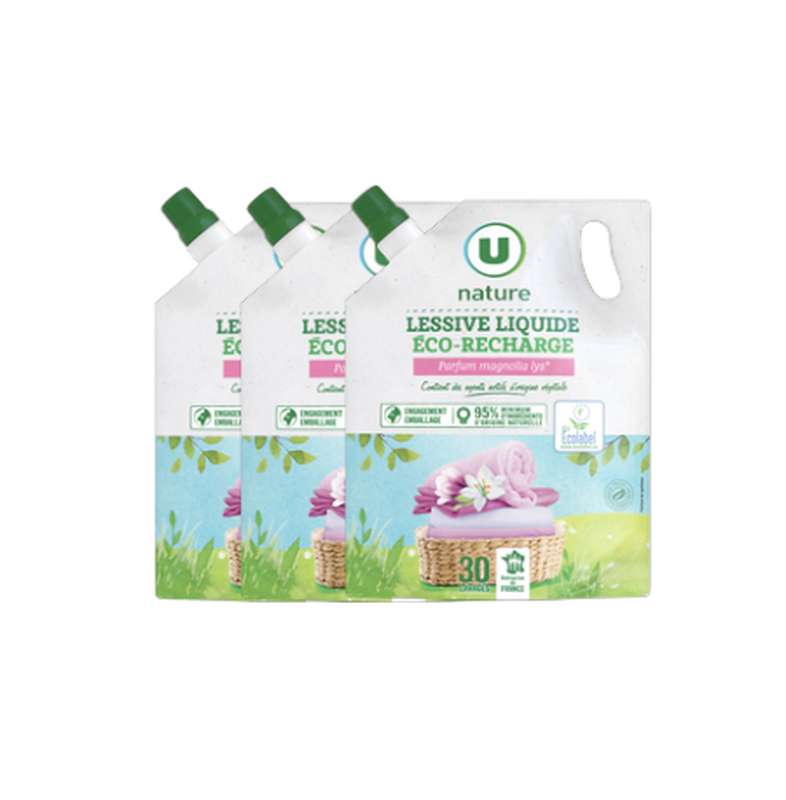 Lot de 3 x Lessive liquide magnolia lys - recharge , U Nature (1,5 L)