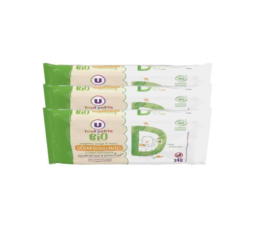 Lot de 3 x Lingettes bébé visage et mains BIO, U Tout Petits (x 40)