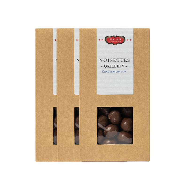 Lot de 3 x Noisettes grillées, enrobées de chocolat au lait et vernies, Eric Bur (100 g)