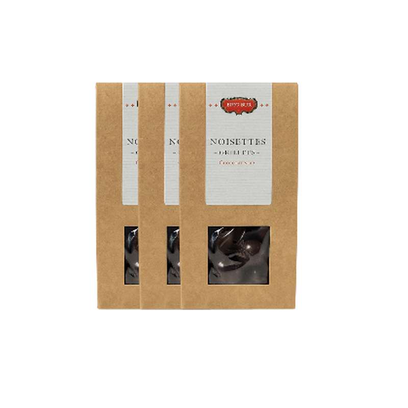 Lot de 3 x Noisettes grillées, enrobées de chocolat noir et vernies, Eric Bur (100 g)