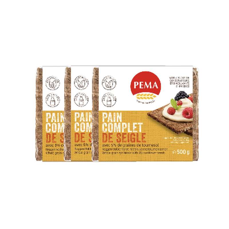 Lot de 3 x Pain complet de seigle avec 5% de graines de tournesol, Pema (500 g)