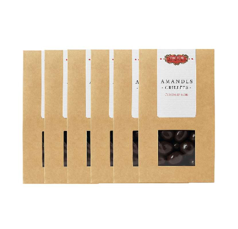 Lot de 5 Amandes grillées, enrobées de chocolat noir et vernies, Eric Bur (100 g)