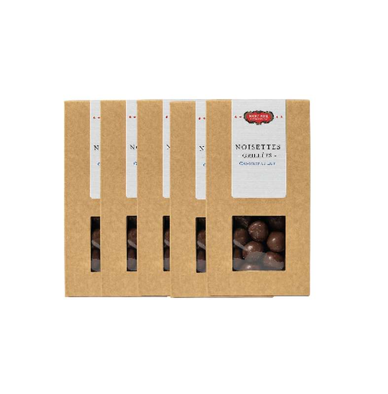 Lot de 5 Noisettes grillées, enrobées de chocolat au lait et vernies, Eric Bur (100 g)