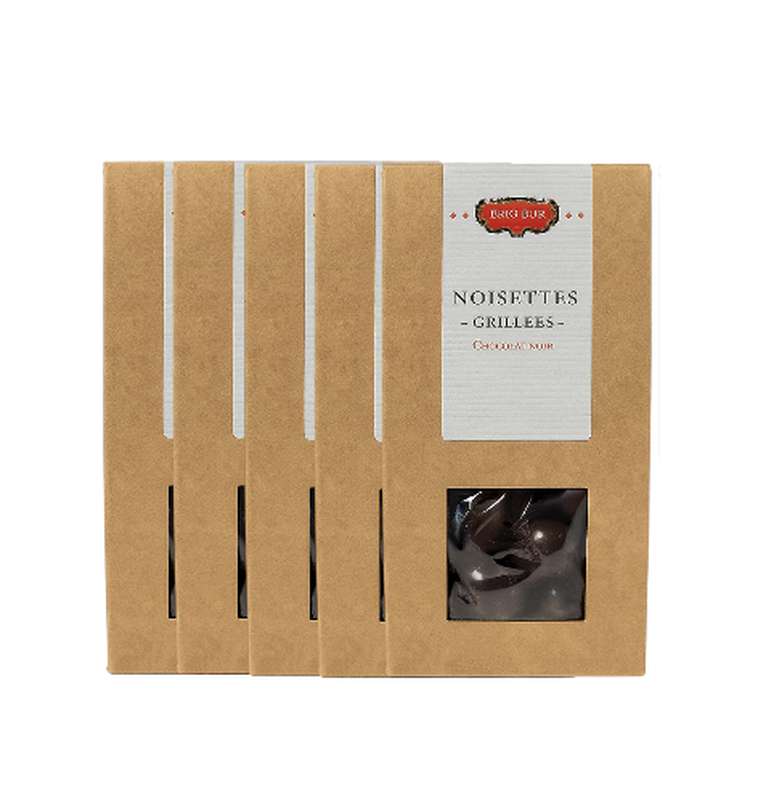 Lot de 5 Noisettes grillées, enrobées de chocolat noir et vernies, Eric Bur (100 g)