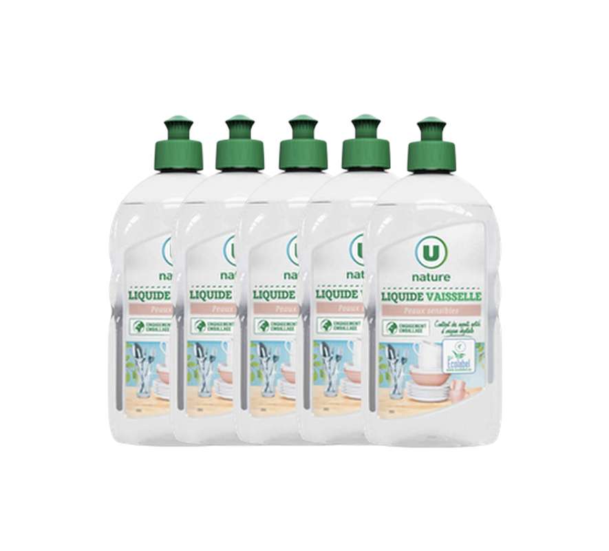 Lot de 5 x  Liquide vaisselle peaux sensibles, U Nature (500 ml)
