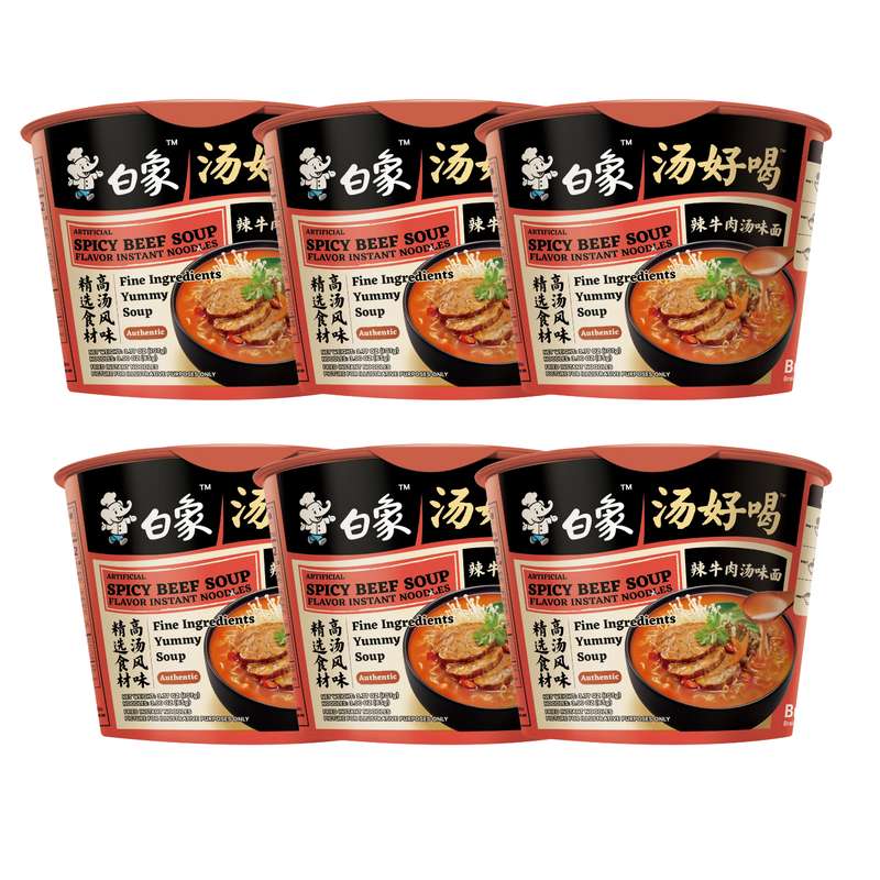 Lot de 6 x Nouilles instantanées soupe au bœuf épicée, BaiXiang (107 g)