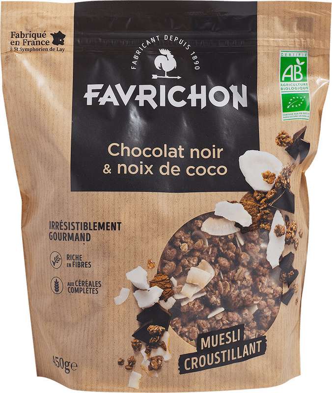 Muesli croustillant chocolat & noix de coco sans huile de palme BIO, Favrichon (450 g)