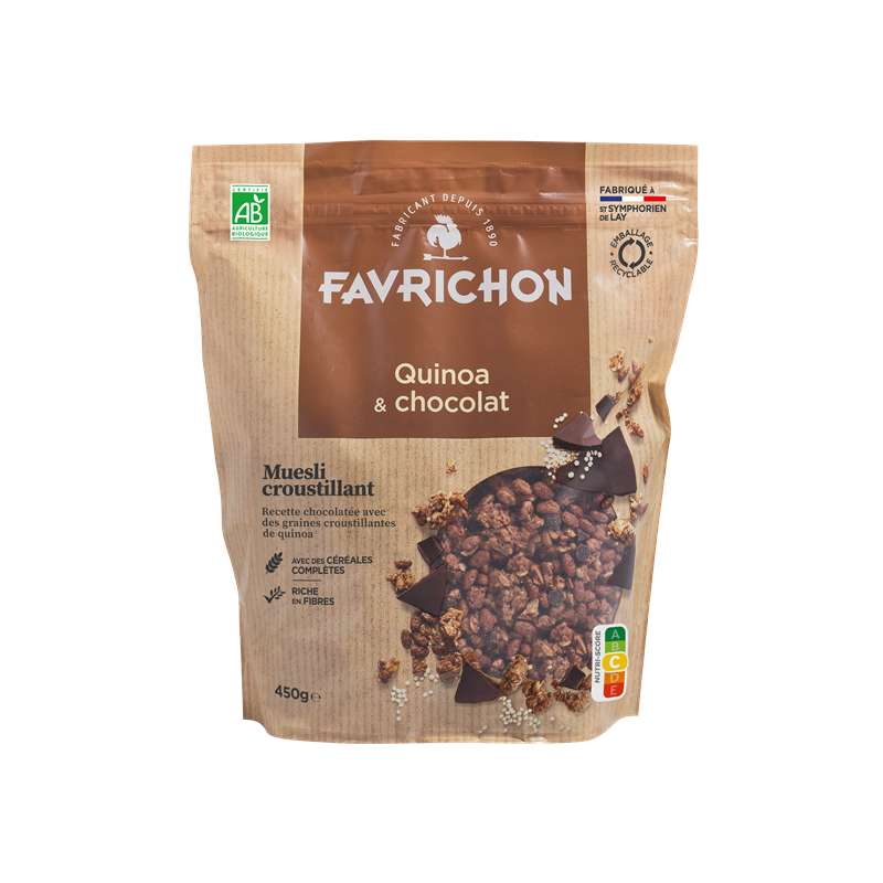 Muesli croustillant quinoa chocolat sans huile de palme BIO, Favrichon (450 g)