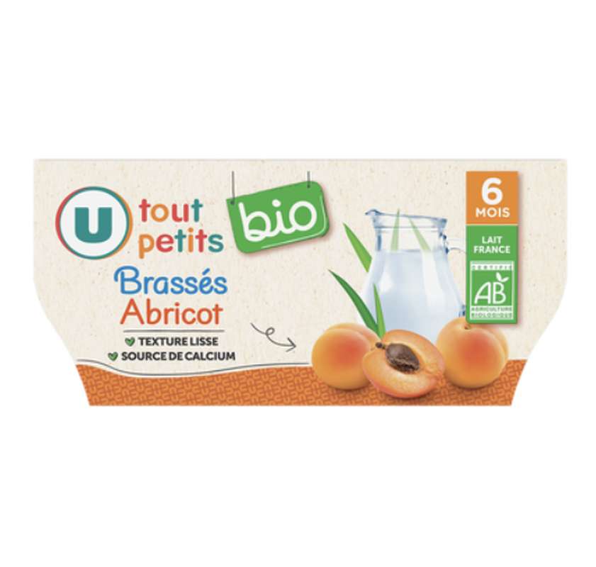 P'tit lacté saveur abricot BIO - dès 6 mois,  U Tout Petits (4 x 100 g)