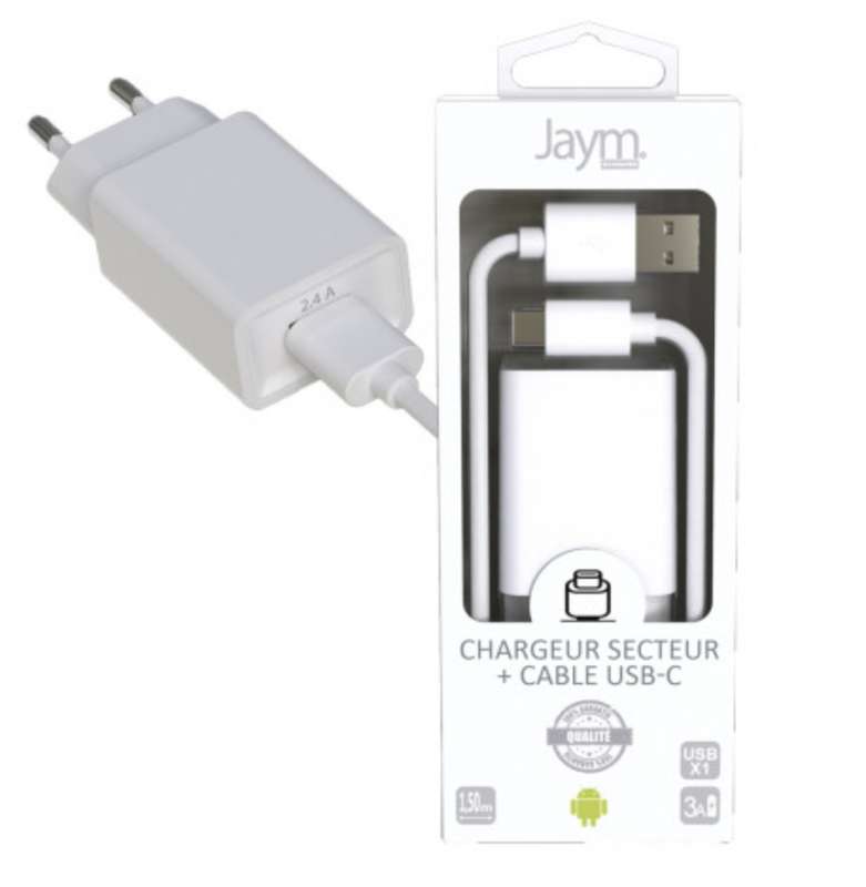 Pack chargeur secteur 1 usb 2.4A avec câble usb vers usb-c blanc, Jaym (longueur 1,5 m)