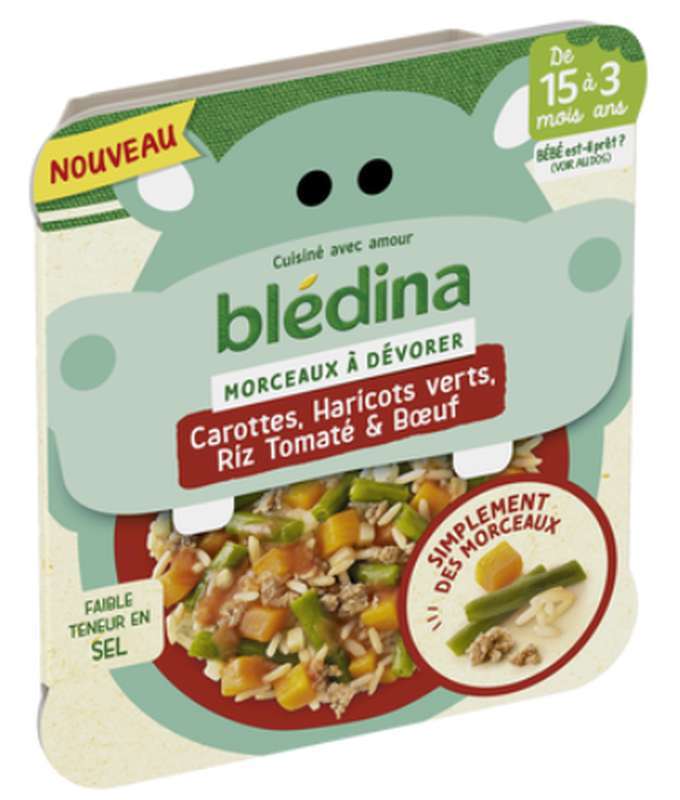Lot de 2 Petits plat pour bébé aux morceaux de carottes, haricots verts, riz tomaté et bœuf dès 15 mois, Blédina (2 x 200 g)