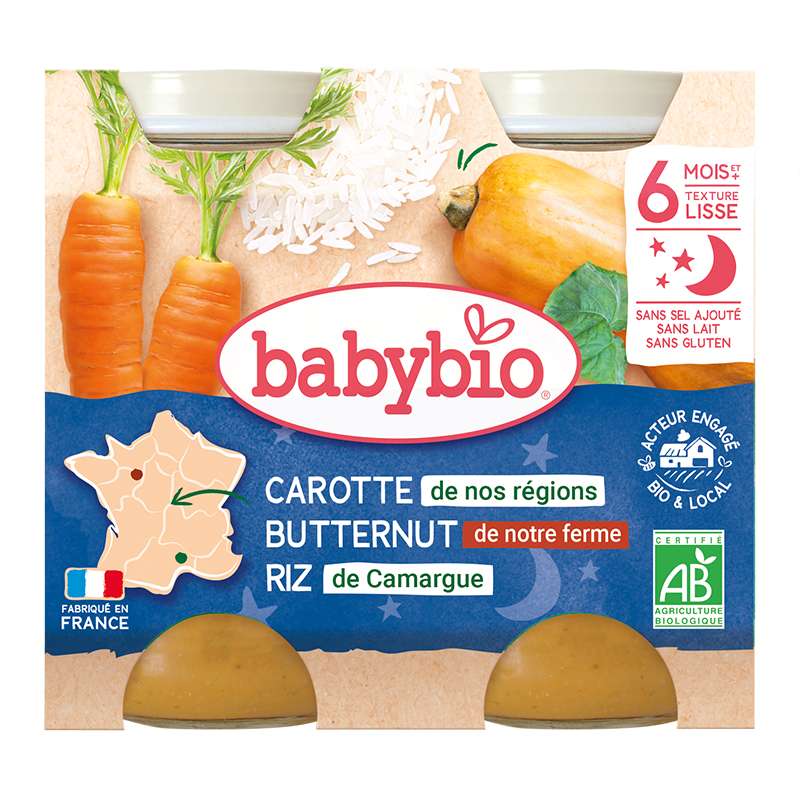 Petit pot bonne nuit carotte des landes, butternut, riz BIO - dès 6 mois, Babybio (2 x 200 g)