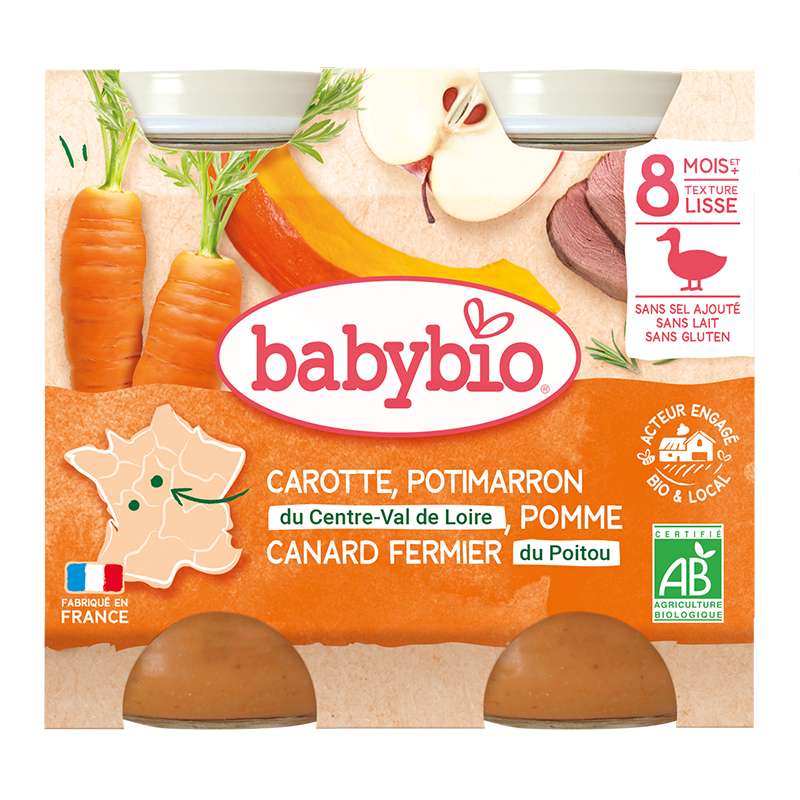Petit pot carotte, potimarron, pomme, canard fermier BIO - dès 8 mois, Babybio (2 x 200 g)