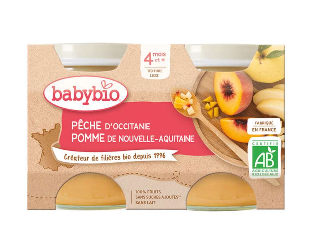 Petit pot pomme de Nouvelle-Aquitaine pêche d'Occitanie - dès 4 mois, Babybio (2 x 130 g)