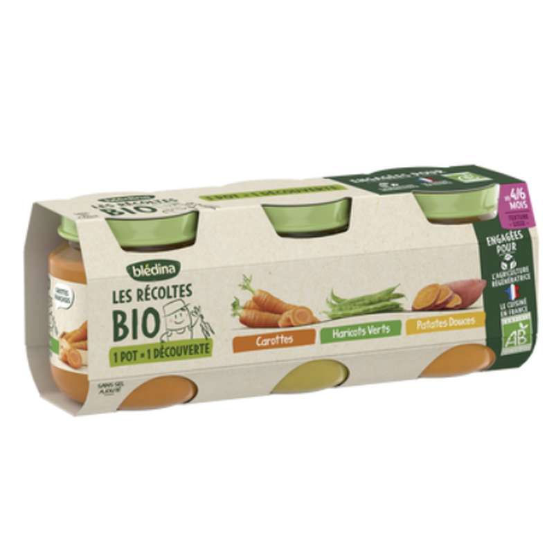 Petits pots carotte, haricots vert et patate douce Les Récoltes Bio - dès 4/6 mois, Blédina (3 x 130 g)