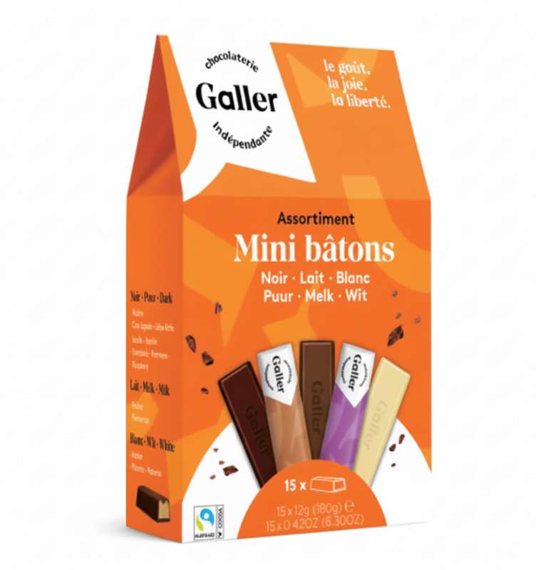 Pocketbag 12 mini-bâtons assortiment noir, blanc, lait, Chocolat Galler (180 g)