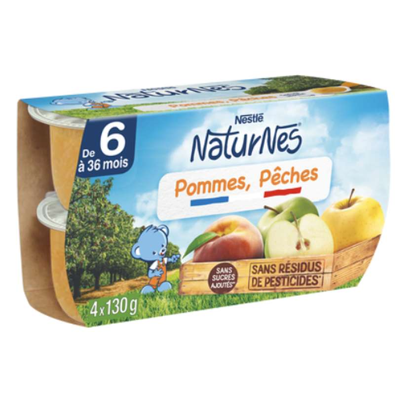 Pommes, pêches 100% fruits - dès 4/6 mois, Naturnes Nestlé (4 x 130 g)