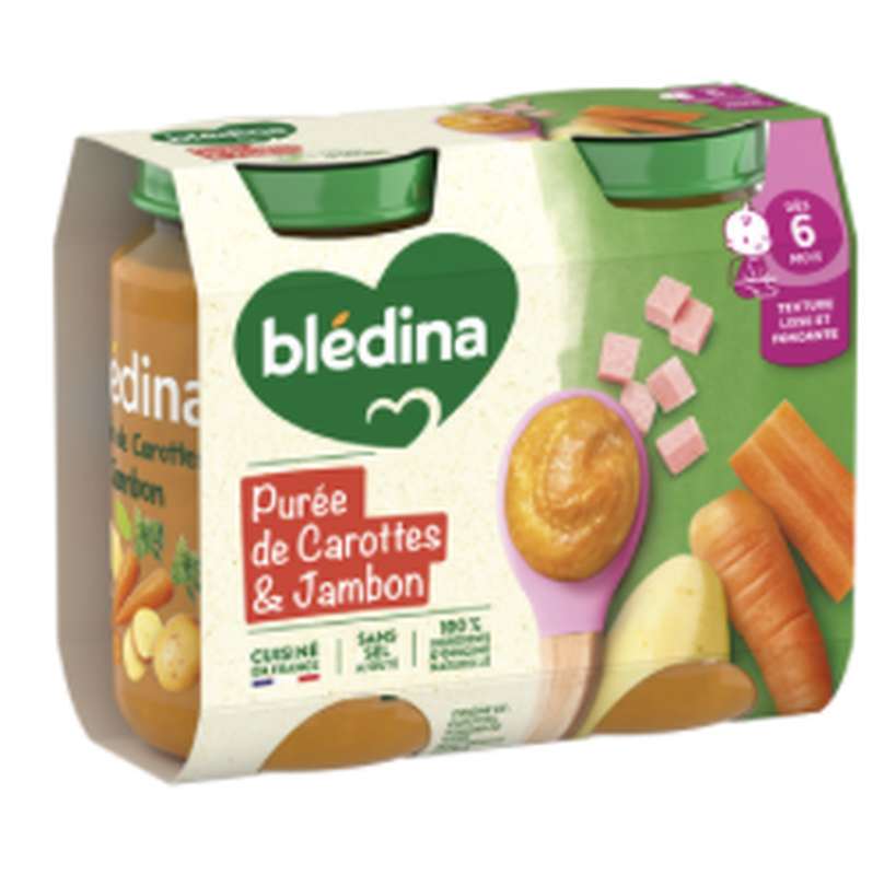 Pot salés de purée carottes jambon - dès 6 mois, Blédina (2 x 200 g)