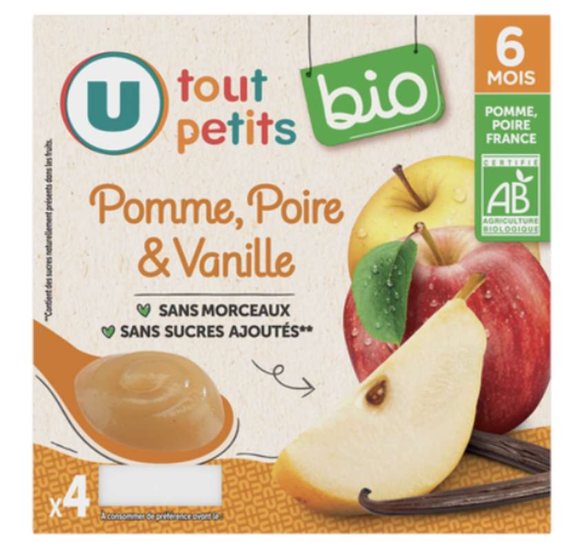 Pots dessert pomme poire vanille BIO - dès 6 mois, U Tout Petits  (4 x 100 g)