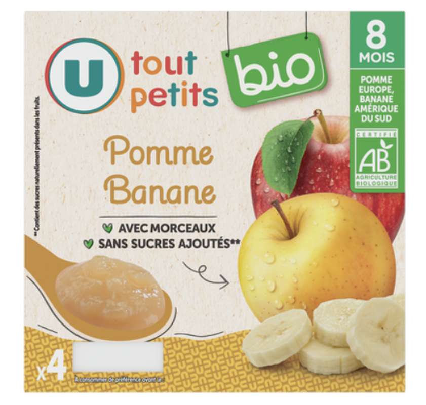 Pots pour bébé dessert pomme et banane avec morceaux BIO - dès 8 mois, U Tout Petits (4 x 100 g)