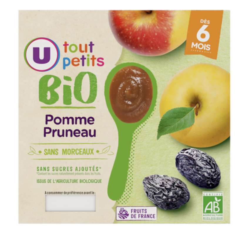 Pots pour bébé dessert pomme et pruneau sans morceaux BIO - dès 6 mois, U Tout Petits  (4 x 100 g)