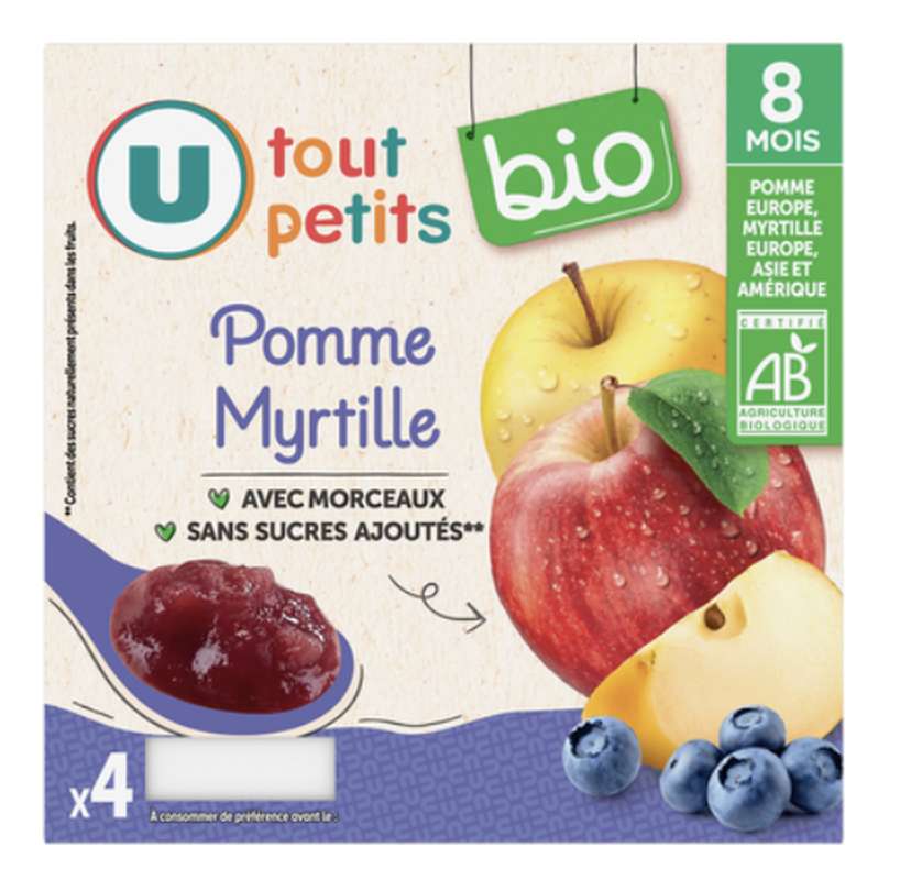 Pots pour bébé dessert pomme, myrtille avec morceaux BIO - dès 8 mois, U Tout Petits (4 x 100 g)
