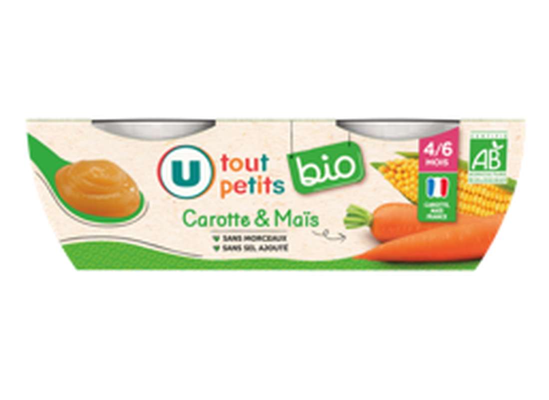 Pots salés carotte et maïs BIO - dès 4/6 mois, U Tout Petits (2 x 120 g)