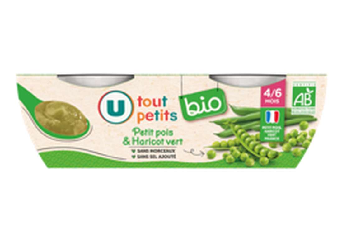 Pots salés haricots verts et petits pois BIO - dès 4/6 mois, U Tout Petits (2 x 120 g)