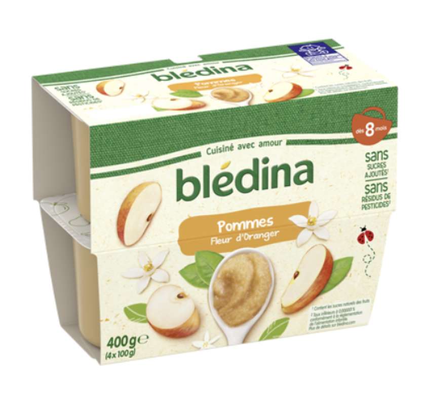 Purée de fruits pour bébé pommes fleur d'oranger dès 8 mois, Blédina (4 x 100 g)