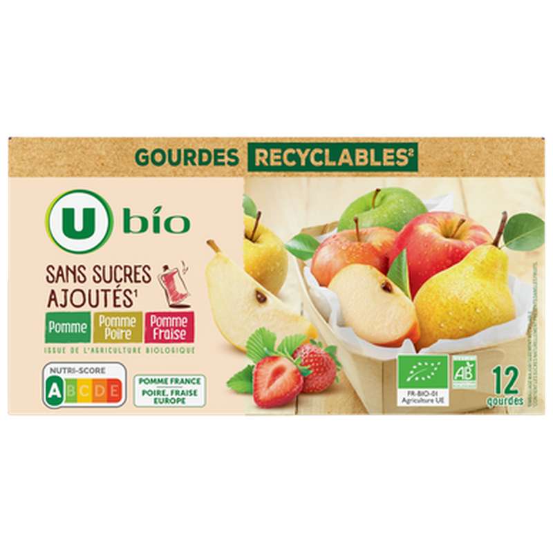 Purée pomme/pomme poire/pomme fraise sans sucres ajoutés, U Bio (12 x 90 g)