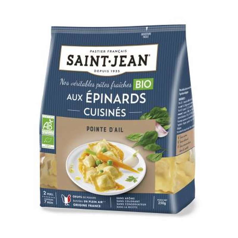 Ravioli aux épinards cuisinés et pointe d'ail BIO, Saint Jean (250 g)