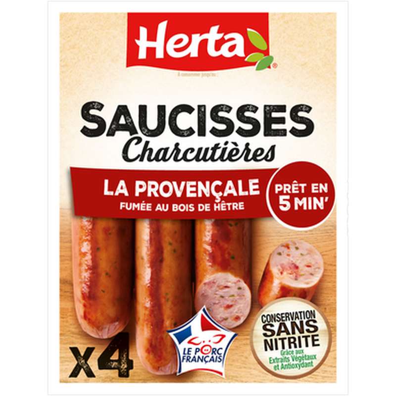 Saucisses charcutières à la provençale sans nitrites, Herta (x 4, 280 g)