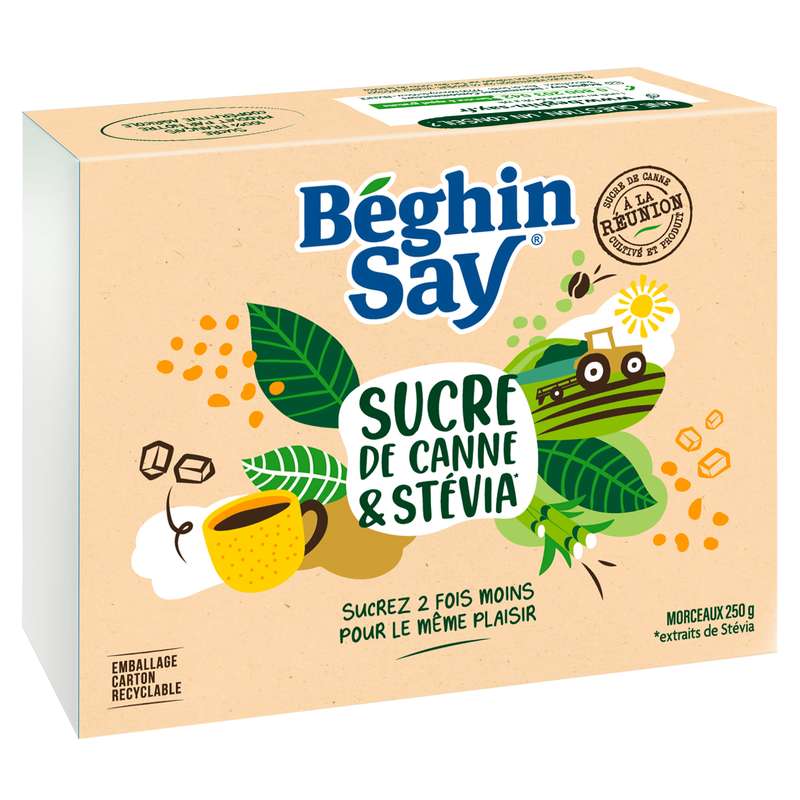 Sucre roux en morceaux ''ligne'' à l'extrait de plantes stévia, Beghin Say (250 g)