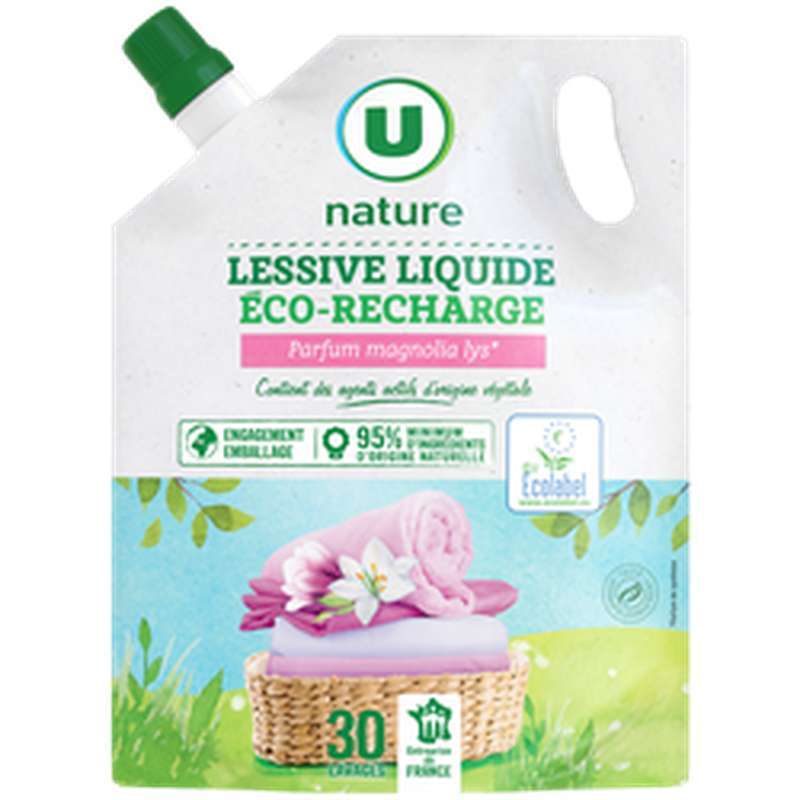 SUPER OFFRE -20% Lot de 3 : Lessive liquide magnolia lys - recharge , U Nature (3 x 1,5 L)
