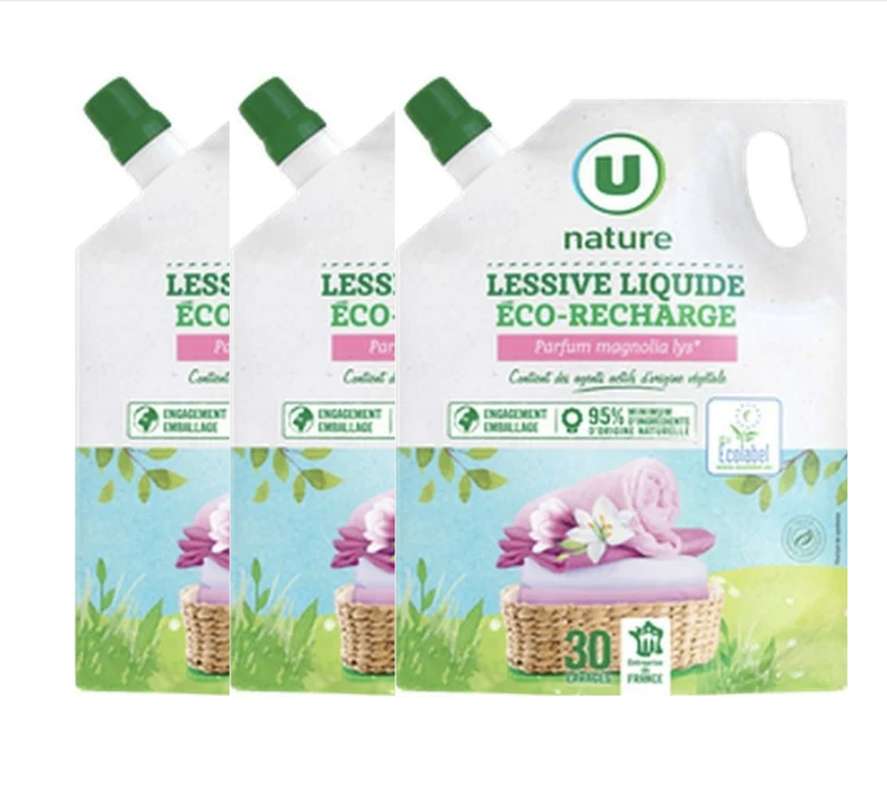 SUPER OFFRE -20% Lot de 3 : Lessive liquide magnolia lys - recharge , U Nature (3 x 1,5 L)