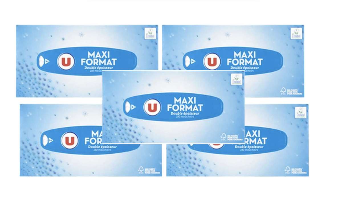 SUPER OFFRE - 30% Lot de 5 : Boîte de mouchoirs double épaisseur maxi format, U (5 x 180)